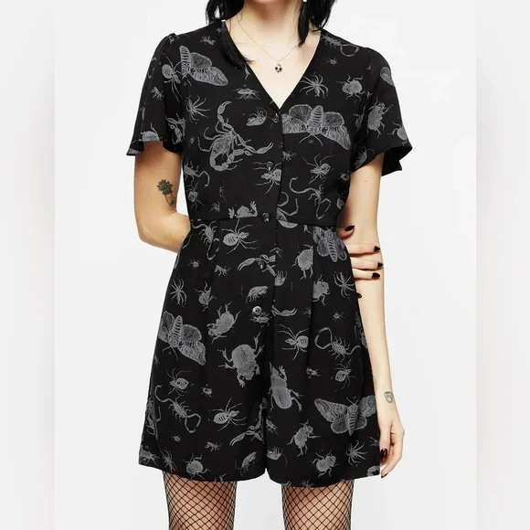 DISTURBIA Parasite Playsuit Black V-Neck Romper Bugs Print Goth w/ Tie (Size 8) - Picture 2 of 13